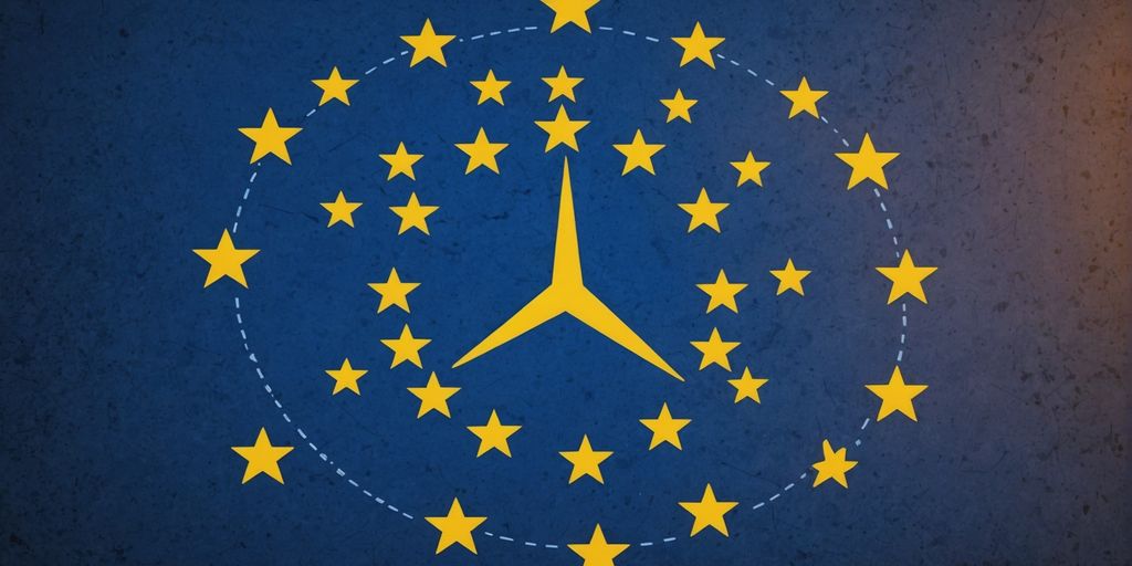 EU flag with AI icons and regulatory symbols