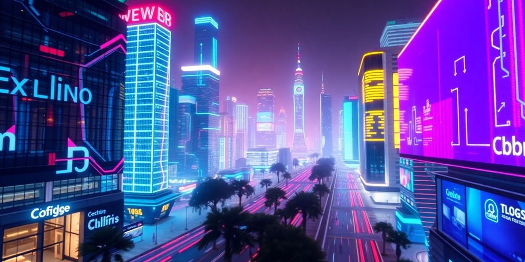 Futuristic cityscape with neon lights and advanced technology.