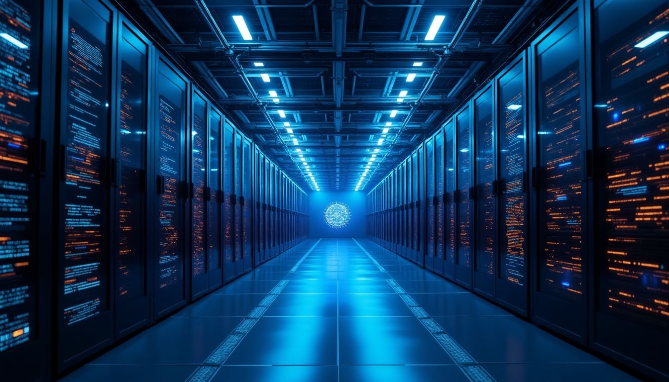 Futuristic server room. Futuristic server room for advanced AI technology.