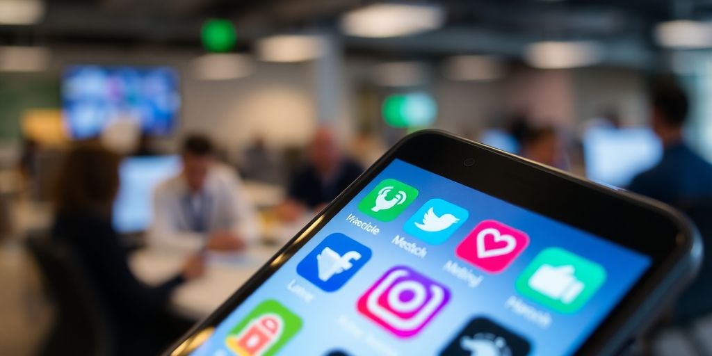 Smartphone with social media icons in an office setting.