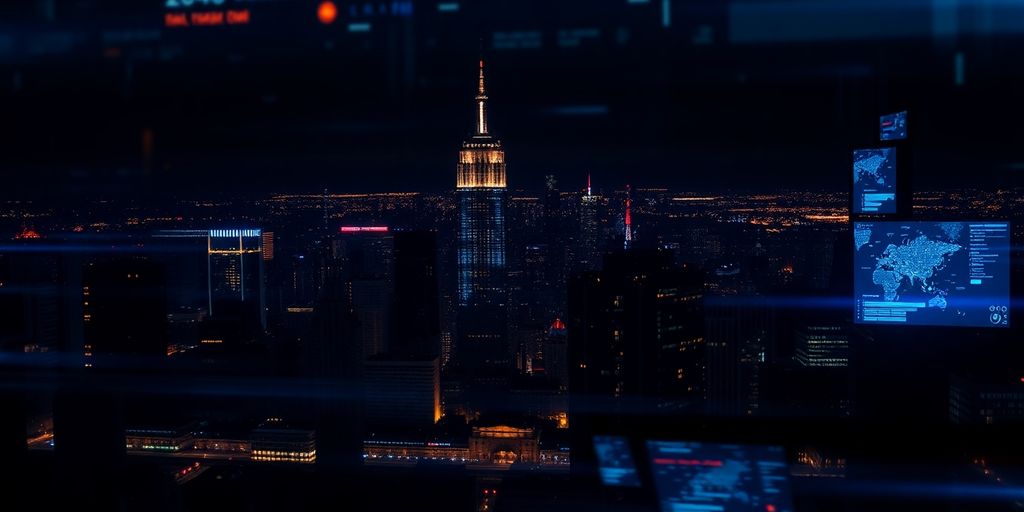City skyline at night with digital cyber motifs.