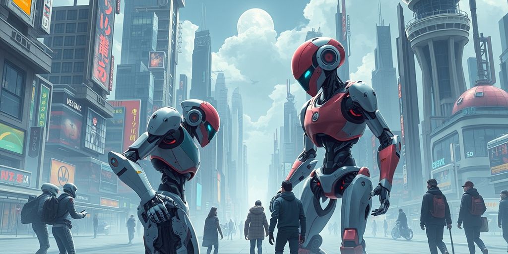 Robots and humans. Robots and humans in a futuristic cityscape.