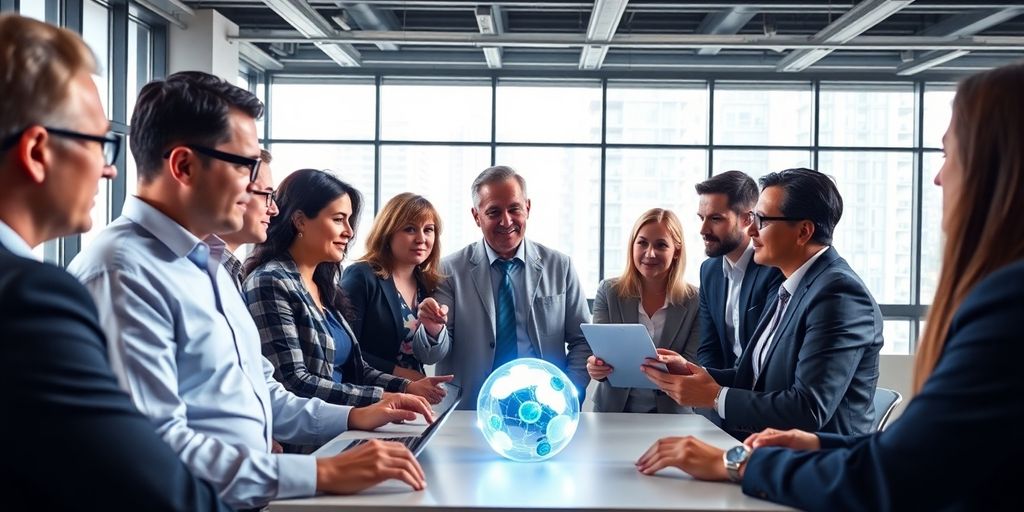Diverse officials discussing AI ethics in a modern office.