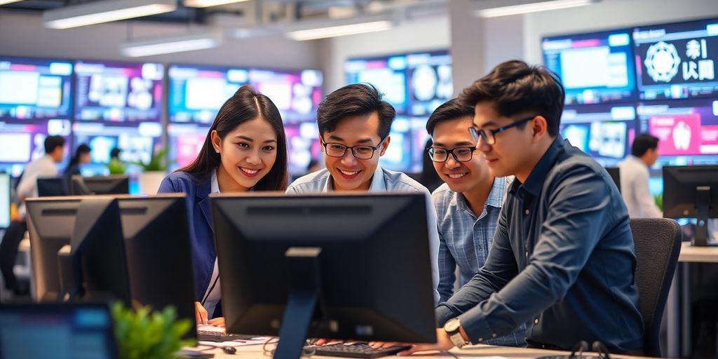 Engineers on AI chatbot development. Engineers collaborating on AI chatbot development in a tech workspace.