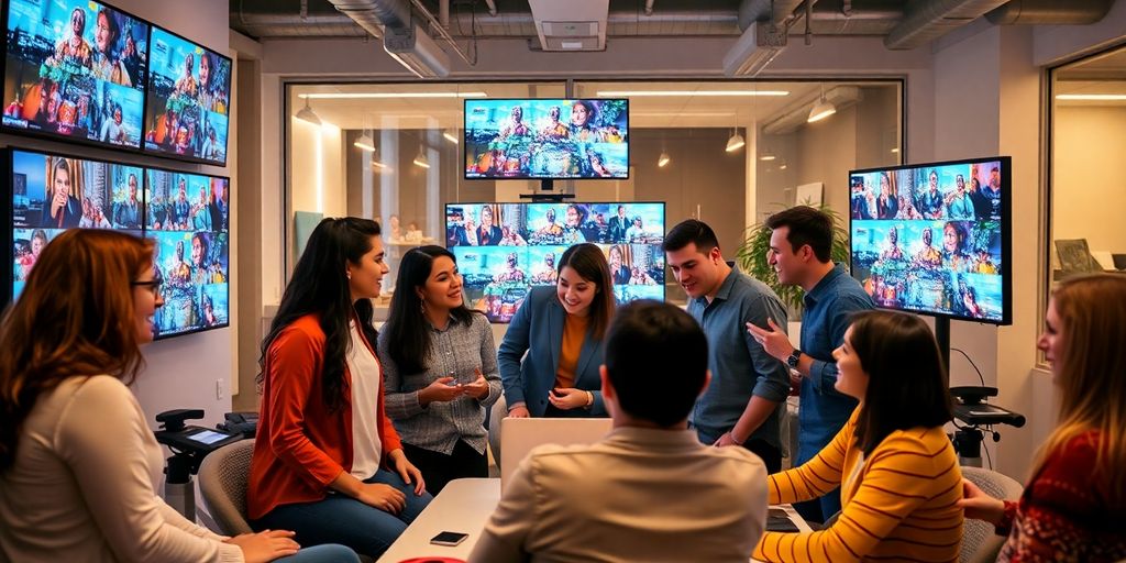 Diverse marketers collaborating in a modern office environment.