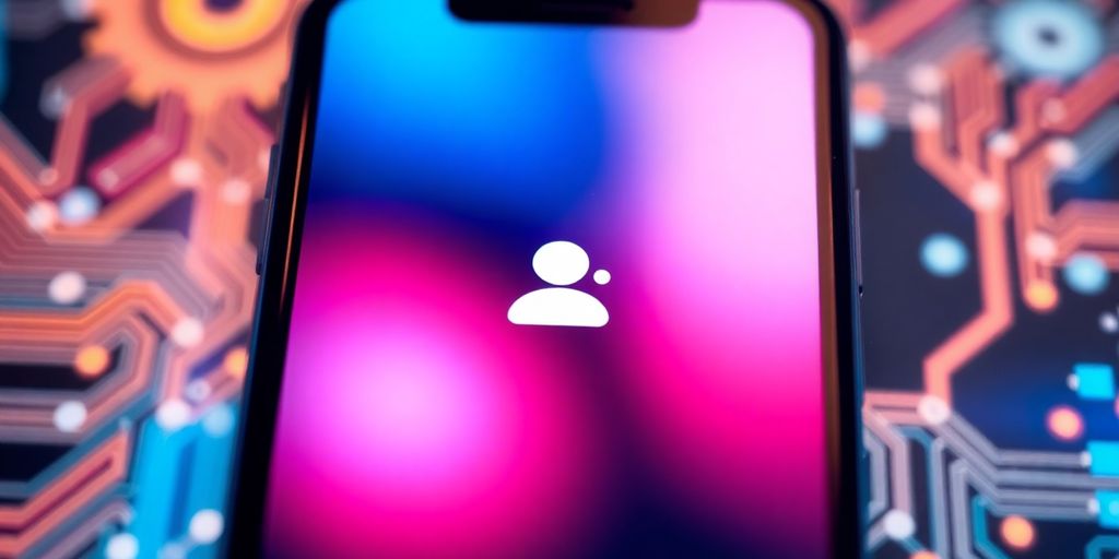 Smartphone. Smartphone with digital assistant interface and abstract tech elements.