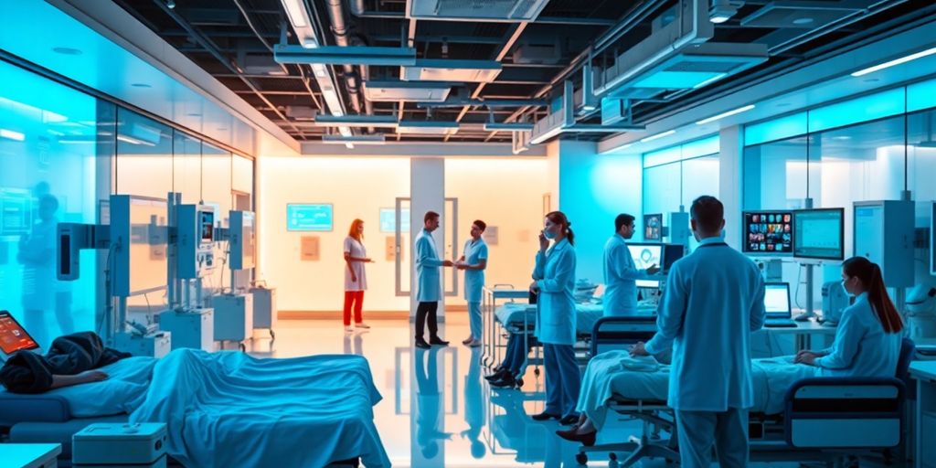 Modern hospital with healthcare professionals using AI tools.