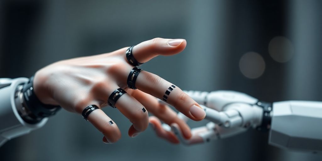 Human hand reaching for a robotic hand. Human hand reaching for a robotic hand in harmony.